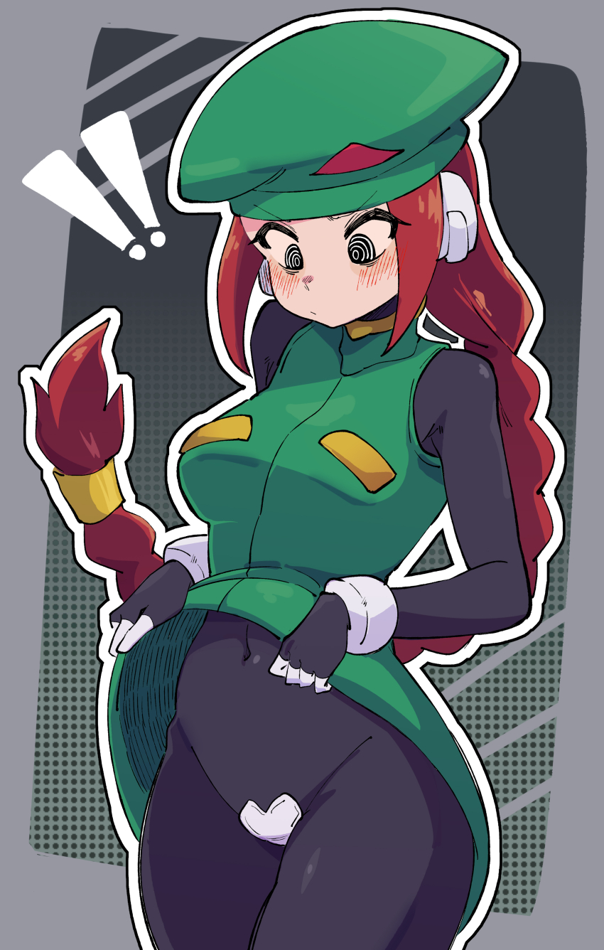 ! 1girl absurdres beret black_bodysuit blush bodysuit braid buzzlyears clothes_lift covered_navel dress dress_lift green_dress hair_tubes hat heart_maebari highres lifting_own_clothes long_hair maebari mega_man_(series) mega_man_zero_(series) navel red_hair ringed_eyes robot_ears single_braid solo unnamed_female_soldier_(mega_man_zero)