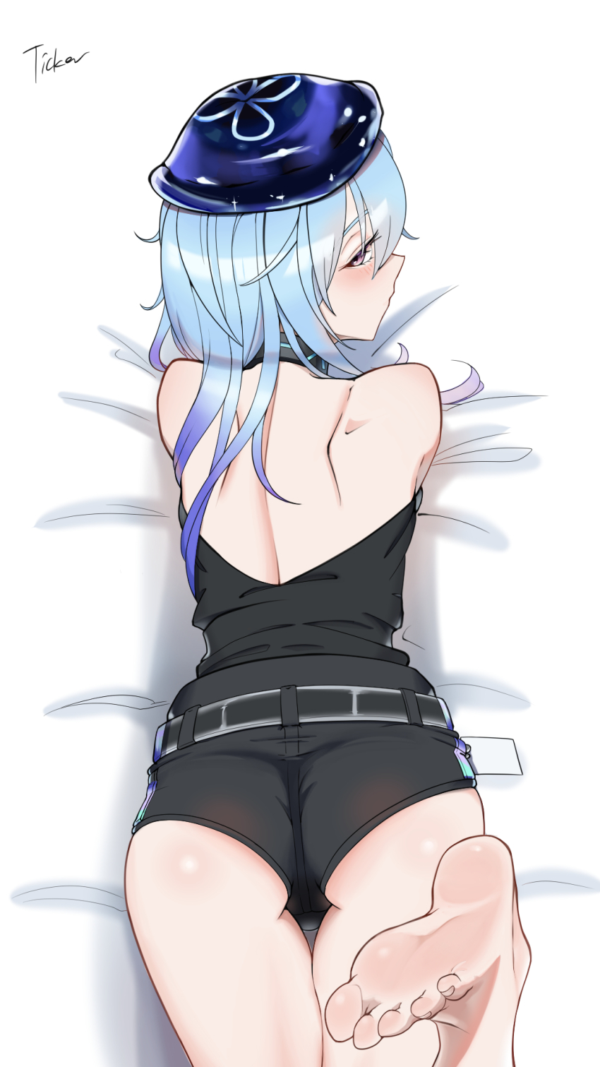 1boy arknights ass barefoot bed_sheet black_shirt black_shorts blue_hair blue_hat feet foot_up from_above hat highres long_hair looking_at_viewer looking_up lying male_focus mizuki_(arknights) on_stomach purple_eyes shirt shorts soles solo ticker_(kks2ksy) toes trap