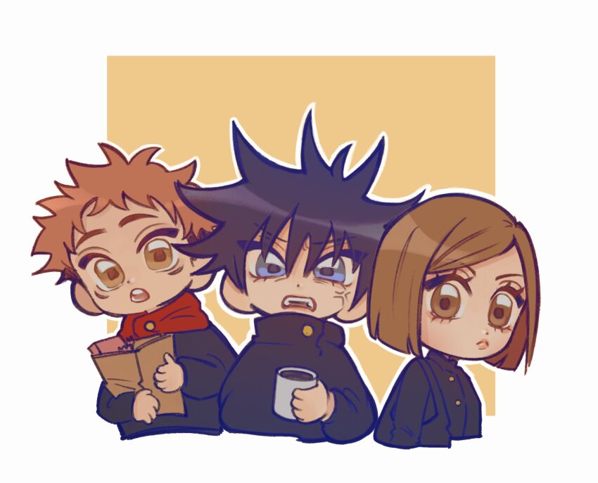 1girl 2boys alternate_eye_color anger_vein bag blue_eyes border brown_eyes buttons chibi chibi_only closed_mouth cropped_torso cup drink fushiguro_megumi highres holding holding_bag holding_cup itadori_yuuji jujutsu_kaisen jujutsu_tech_uniform kugisaki_nobara kurion_n looking_at_viewer mug multiple_boys open_mouth outline red_hood scar scar_on_face short_hair teeth upper_body v-shaped_eyebrows white_border white_outline yellow_background