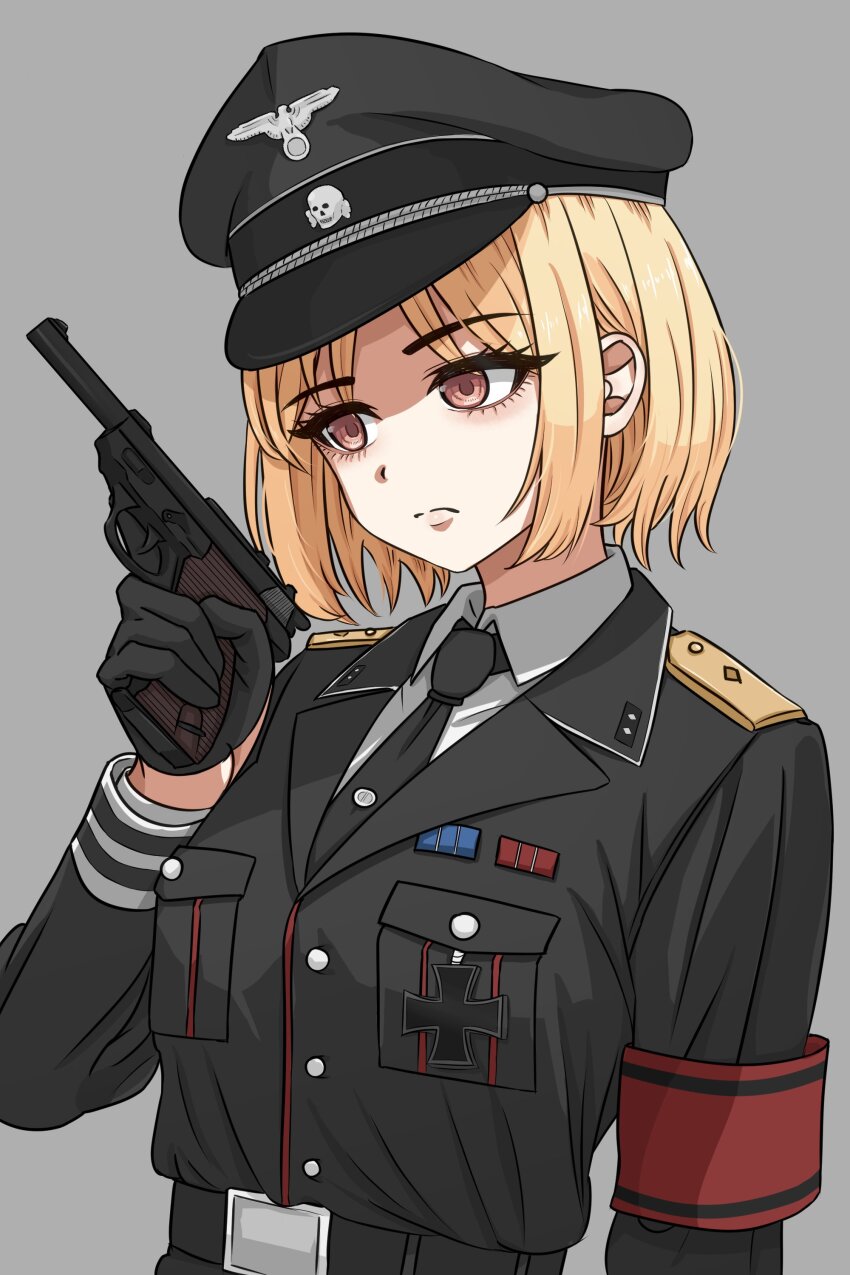 1girl absurdres armband black_gloves black_jacket black_necktie blonde_hair closed_mouth cross girls&#039;_frontline gloves grey_background gun handgun hat highres holding holding_gun holding_weapon iron_cross jacket margin_0825 military_uniform mp40_(girls&#039;_frontline) nazi necktie orange_eyes peaked_cap red_armband short_hair simple_background solo totenkopf trigger_discipline upper_body walther walther_p38 weapon