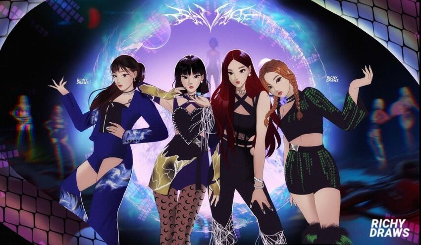 4girls aespa animal artist_name black_hair black_pants blunt_bangs braided_twintails choker closed_mouth commentary cowboy_shot cross-laced_clothes cross-laced_top earrings english_commentary giselle_(aespa) hand_on_own_hip jewelry k-pop karina_(aespa) long_hair looking_at_viewer multiple_girls ningning_(aespa) pants pantyhose ponytail real_life red_hair richydraws shirt short_hair shorts single-shoulder_shirt snake twintails white_nails winter_(aespa)