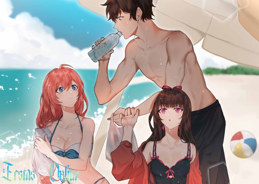 1boy 2girls asagiri_ririko beach bikini black_eyes black_hair bottle breasts doumeguri_kakeru ecstas_online highres holding holding_bottle long_hair multiple_girls non-web_source purple_eyes red_hair shizukuishi_non shorts summer swimsuit ue_eyes umbrella water water_bottle