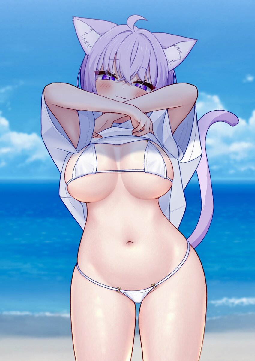 1girl ahoge animal_ear_fluff animal_ears beach bikini blush breasts cat_ears cat_tail closed_mouth highres hololive large_breasts looking_at_viewer mochigomemcmc navel nekomata nekomata_okayu purple_eyes purple_hair short_hair showing_off solo stomach swimsuit tail thighs underboob undressing virtual_youtuber white_bikini