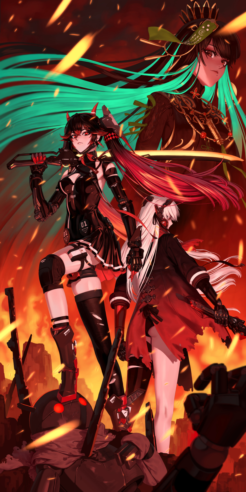 3girls absurdres alpha_(pgr) ass asymmetrical_legwear black_dress black_hair black_jacket black_thighhighs breasts brown_eyes chinese_clothes cleavage colored_inner_hair crown dress earrings gradient_hair green_hair hair_between_eyes headgear headphones highres holding holding_sword holding_weapon horns jacket jewelry katana long_hair lucia:_crimson_abyss_(pgr) lucia:_dawn_(pgr) lucia_(pgr) mechanical_arms mechanical_foot monologue_(tfrksg) multicolored_hair multiple_girls punishing:_gray_raven qu:_pavo_(pgr) qu_(pgr) red_eyes red_hair red_horns red_scarf scarf single_thighhigh small_breasts sword thighhighs weapon white_hair