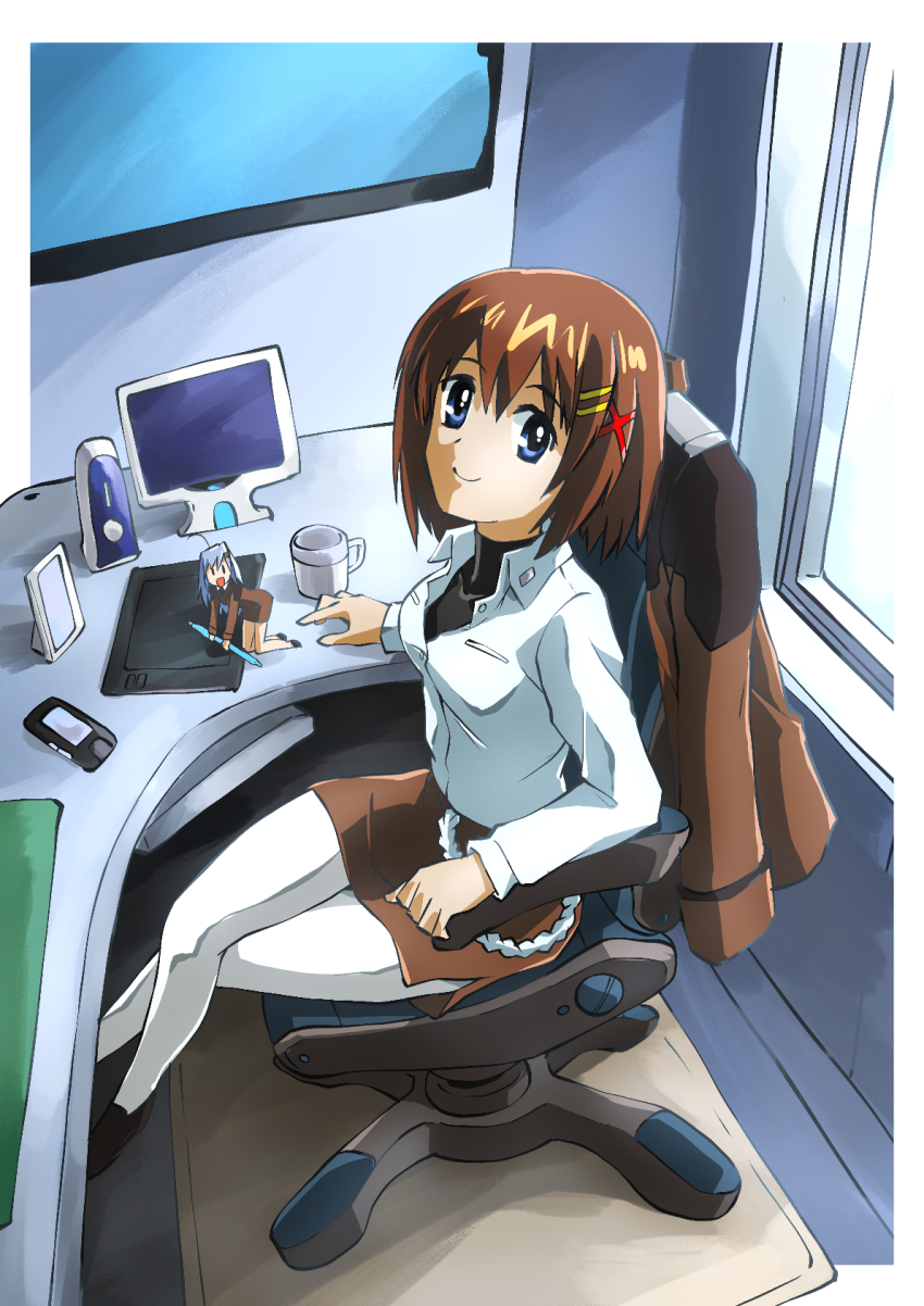 2girls black_necktie blue_eyes brown_hair brown_jacket brown_skirt cellphone collared_shirt commentary_request crossed_legs dress_shirt hair_ornament highres jacket lyrical_nanoha mahou_shoujo_lyrical_nanoha_strikers military_uniform mini_person minigirl monitor multiple_girls necktie pantyhose pencil_skirt phone reinforce_zwei shirt short_hair sitting skirt smartphone smile swivel_chair taiga_hiroyuki tsab_ground_military_uniform unworn_jacket white_pantyhose white_shirt window x_hair_ornament yagami_hayate