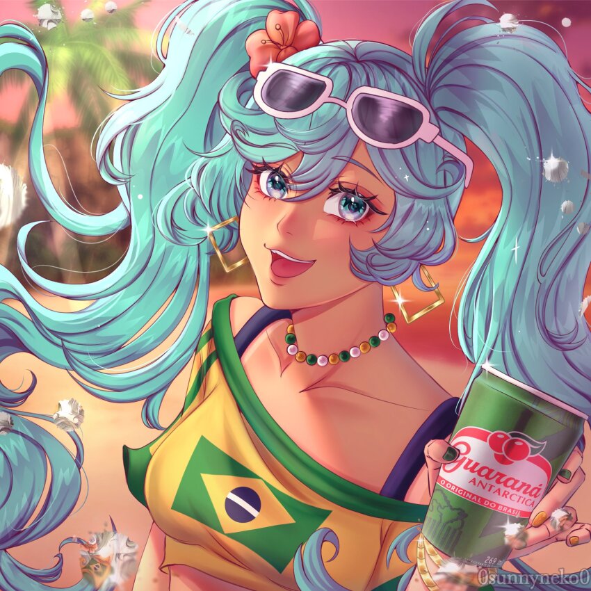 0sunnyneko0 1girl aqua_eyes aqua_hair artist_name bikini bikini_under_clothes blue_bikini blurry blurry_background brazilian_flag brazilian_flag_print brazilian_miku breasts can collarbone cropped_shirt drink_can earrings eyebrows eyelashes female_focus flag_print green_nails green_shirt guarana_antarctica hand_up hatsune_miku holding holding_can jewelry long_hair looking_at_viewer medium_breasts multicolored_nails nail_polish off-shoulder_shirt off_shoulder open_mouth outdoors shirt single_off_shoulder smile soda_can solo sunglasses_on_head sunset swimsuit teeth twintails two-tone_shirt upper_body upper_teeth_only vocaloid watermark white-framed_eyewear yellow_nails yellow_shirt