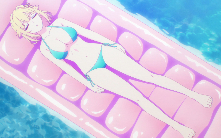 1girl anime_screenshot bikini blonde_hair blue_bikini breasts cleavage closed_eyes collarbone feet groin highres kami_wa_game_ni_ueteiru large_breasts lying on_back pearl_diamond pool short_hair side-tie_bikini_bottom sidelocks smile stitched swimsuit thighs third-party_edit water