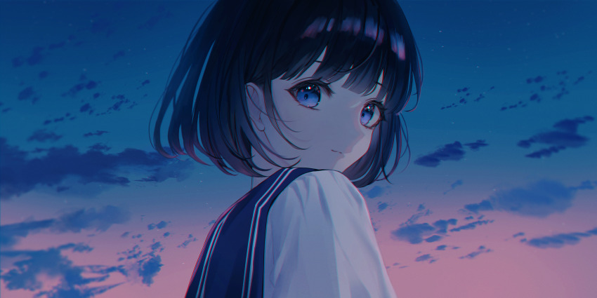 1girl black_hair blue_eyes blue_sailor_collar blue_sky closed_mouth cloud highres lium looking_at_viewer looking_back original sailor_collar school_uniform short_hair sky solo