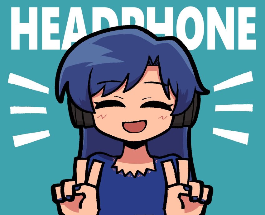 1girl :d black_headphones blue_hair blue_shirt cartoonized closed_eyes double_v english_text fis_(t83192933) flat_chest headphones highres idolmaster idolmaster_(classic) idolmaster_million_live! idolmaster_million_live!_theater_days kisaragi_chihaya light_blush long_hair looking_at_viewer open_mouth parted_bangs shirt sidelocks smile solo straight-on straight_hair toon_(style) upper_body v