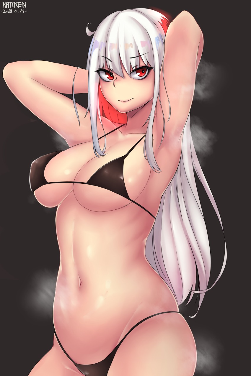 1girl absurdres armpits arms_behind_head artist_name bad_id bad_pixiv_id bikini black_background black_bikini breasts closed_mouth dated highres kuraken large_breasts long_hair looking_at_viewer multicolored_hair navel original raised_eyebrow red_eyes red_hair skindentation solo steaming_body stomach streaked_hair string_bikini swimsuit very_long_hair white_hair