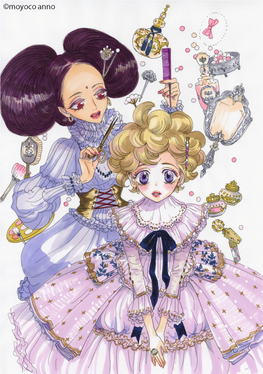 2girls anno_moyoco blanca_(sugar_sugar_rune) blonde_hair blush bottle collar comb commentary_request double_bun dress earrings frilled_collar frilled_dress frills hair_bun highres holding holding_comb holding_scissors jewelry long_sleeves looking_at_viewer mirror multiple_girls palette_(object) perfume_bottle pointy_ears purple_eyes purple_hair red_eyes red_nails ring scissors simple_background sugar_sugar_rune vanilla_mieux white_background