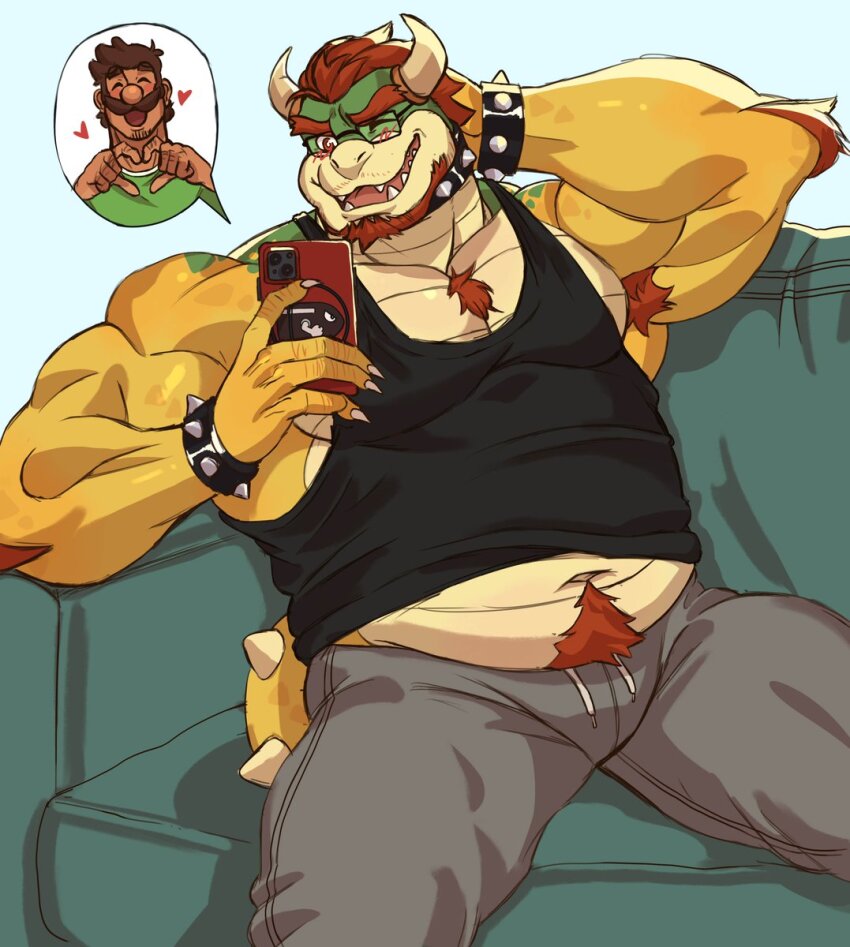 2boys arm_behind_head arm_hair arm_up armpit_hair bara beard belly black_tank_top bowser bracelet brown_hair bulge chest_hair closed_eyes collar commentary couch english_commentary facial_hair fangs furry furry_male glasses green_shirt grey_pants hand_on_own_head heart heart_hands highres holding holding_phone jewelry looking_at_phone luigi male_focus mario_(series) midriff_peek multiple_boys mustache navel navel_hair nintendo on_couch one_eye_closed open_mouth pants phone red_hair shirt sitting smile speech_bubble spiked_bracelet spiked_collar spiked_tail spikes spoken_character tail tank_top track_pants wet_ghost