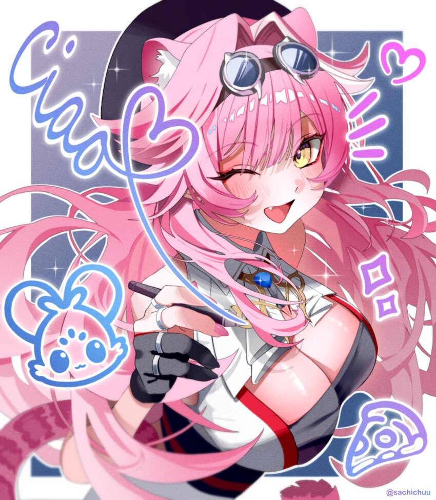 1girl absurdres animal_ear_fluff animal_ears blush breasts cleavage highres hololive hololive_english large_breasts long_hair looking_at_viewer multicolored_hair one_eye_closed open_mouth panther_ears panther_girl pink_hair raora_panthera raora_panthera_(1st_costume) sachichuu smile solo streaked_hair virtual_youtuber yellow_eyes