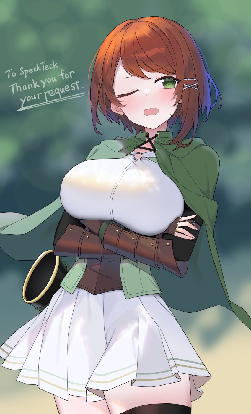 1girl absurdres arms_under_breasts black_thighhighs breasts brown_gloves brown_hair cape commentary commission crossed_arms dress english_commentary english_text gloves green_cape green_eyes hair_ornament hairclip highres hitoshi large_breasts mint_(specktech) one_eye_closed open_mouth original second-party_source skeb_commission solo standing thighhighs tongue white_dress x_hair_ornament