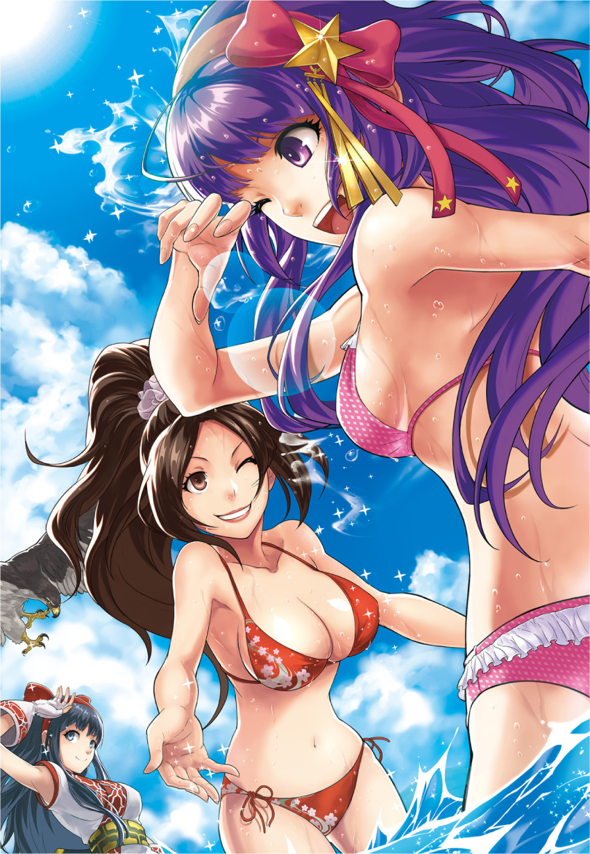 3girls asamiya_athena bikini bird breasts brown_eyes brown_hair cleavage fatal_fury female_focus frilled_bikini frills happy highres large_breasts long_hair mamahaha matching_hair/eyes multiple_girls nakoruru ninja official_art one_eye_closed polka_dot polka_dot_bikini ponytail psycho_soldier purple_eyes purple_hair red_bikini s.n.x samurai_spirits shiranui_mai side-tie_bikini_bottom sideboob smile snk splashing swimsuit the_king_of_fighters the_king_of_fighters_xiv water