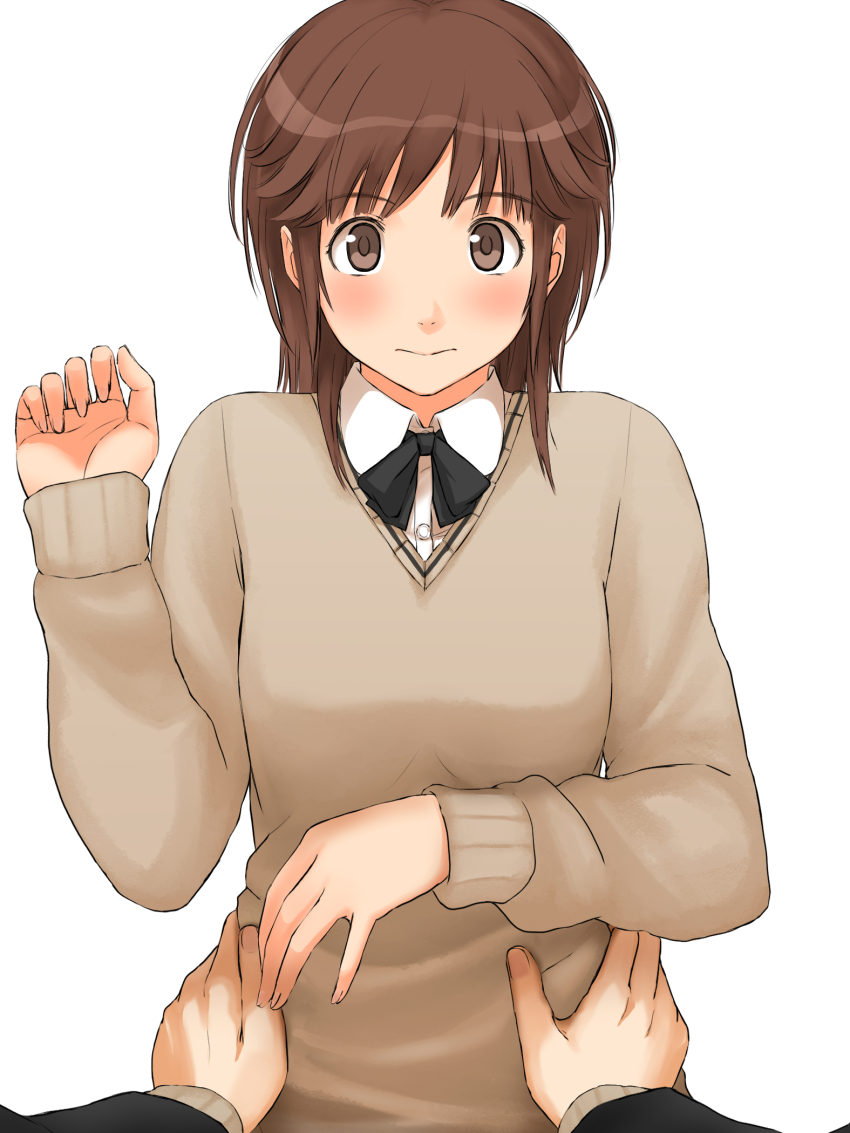 1girl amagami black_bow black_bowtie blush bow bowtie brown_eyes brown_hair brown_sweater closed_mouth hand_up highres kibito_high_school_uniform long_sleeves looking_at_viewer medium_hair pov pov_hands sakurai_rihoko school_uniform simple_background solo_focus sweater takenoko_saba_otto upper_body white_background