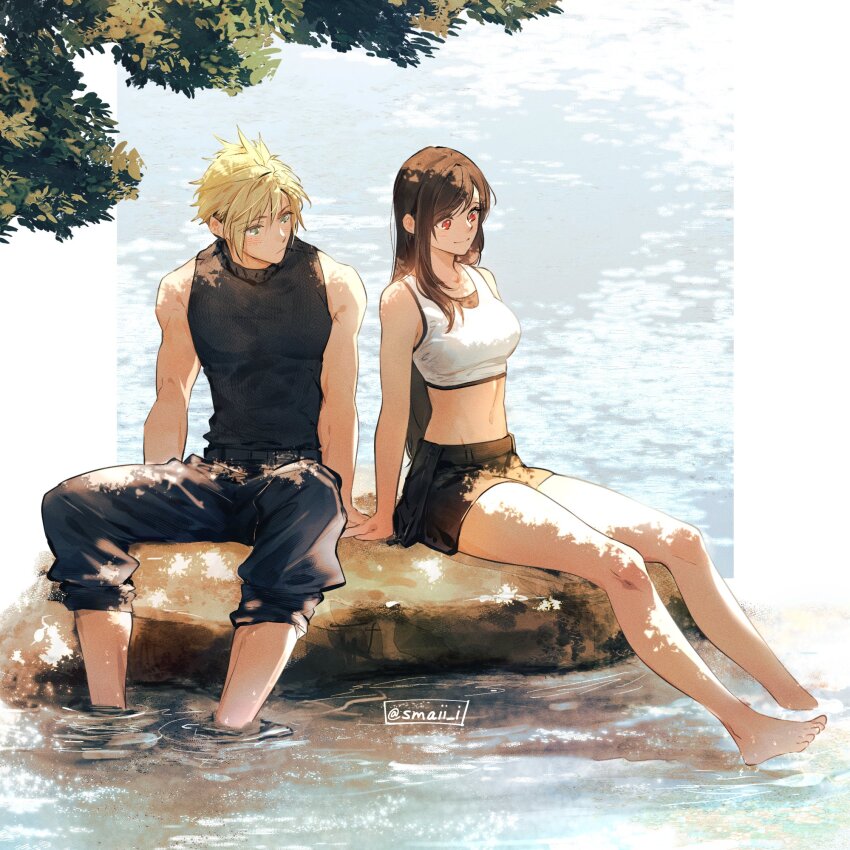 1boy 1girl arm_support bare_arms bare_legs bare_shoulders barefoot black_hair black_skirt black_sports_bra blonde_hair blue_eyes blush branch brown_eyes closed_mouth cloud_strife crop_top feet final_fantasy final_fantasy_vii final_fantasy_vii_rebirth final_fantasy_vii_remake hashtag-only_commentary highres long_hair maiii_(smaii_i) midriff miniskirt navel outdoors pants pants_rolled_up red_eyes rock short_hair single_sidelock sitting skirt sleeveless sleeveless_turtleneck smile soaking_feet sports_bra sweater tank_top tifa_lockhart toes tree turtleneck turtleneck_sweater twitter_username water white_tank_top