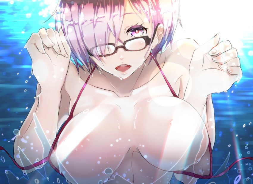 1girl censored collarbone convenient_censoring fate/grand_order fate_(series) female_focus from_above glasses hair_over_one_eye light_censor light_rays looking_at_viewer looking_up mash_kyrielight pale_skin purple_eyes purple_hair sakusakusakurai smile solo splashing swimsuit wardrobe_malfunction water