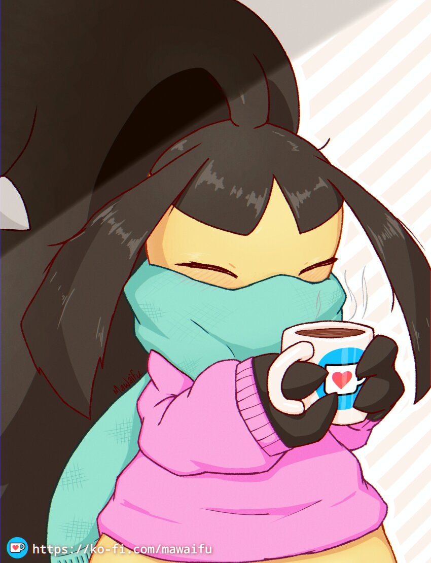 1girl ^_^ aqua_scarf artist_name big_hair black_hair black_skin blush bottomless chromatic_aberration closed_eyes clothed_pokemon coffee colored_skin covered_mouth creatures_(company) cup drink extra_mouth female_focus game_freak gen_3_pokemon hands_up happy heart high_ponytail holding holding_cup holding_drink ko-fi_logo ko-fi_username long_hair long_sleeves mawaifu mawile mug multicolored_skin nintendo pink_sweater pokemon pokemon_(creature) redrawn scarf sharp_teeth sidelocks sleeves_past_wrists solo standing steam striped_background sweater teeth two-tone_skin upper_body very_long_hair watermark web_address winter_clothes yellow_skin