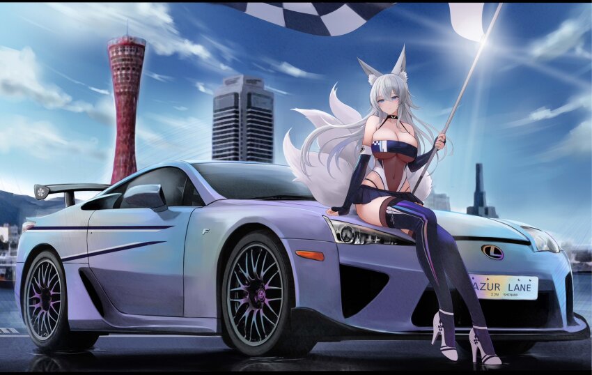 1girl animal_ear_fluff animal_ears azur_lane black_bridal_gauntlets black_skirt black_thighhighs blue_eyes blue_sky breasts bridal_gauntlets car checkered_flag cleavage cloud covered_navel flag fox_ears fox_girl fox_tail high_heels highres holding holding_flag kcar66t large_breasts leotard long_hair miniskirt motor_vehicle multiple_tails on_car pleated_skirt race_queen see-through_clothes see-through_leotard shinano_(azur_lane) shinano_(moonlit_chrome)_(azur_lane) shoes sitting skirt sky solo tail thighhighs vehicle_request white_shoes