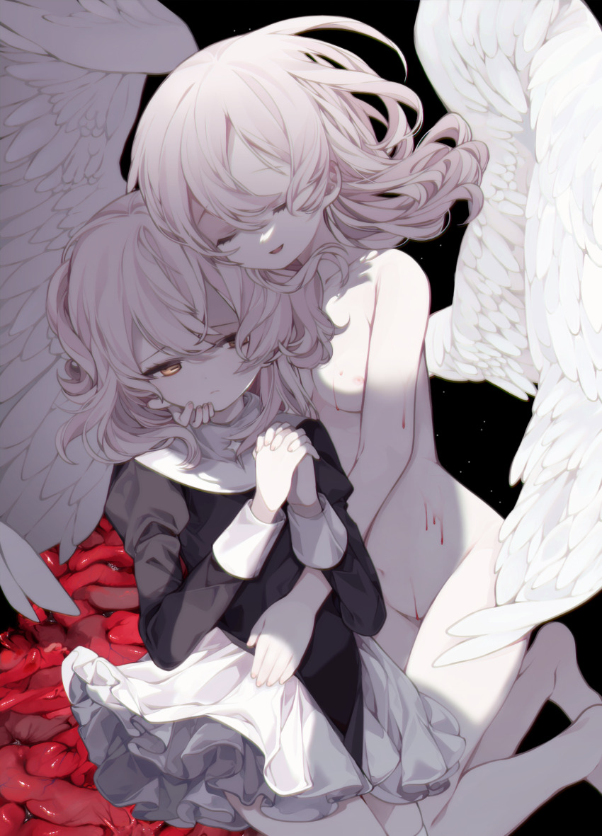 1girl :d angel angel_wings black_background black_dress blood blood_on_body blood_on_chest breasts closed_eyes closed_mouth completely_nude cowboy_shot dress floating floating_hair frilled_dress frills frown hair_between_eyes hand_on_another&#039;s_cheek hand_on_another&#039;s_face happy_saint_sheol highres horizontal_pupils hug huyucai juliet_sleeves knees_together_feet_apart light_frown light_particles long_sleeves looking_down looking_to_the_side maya_elbeth medium_breasts medium_hair multiple_views nude official_art open_mouth orange_eyes organs own_hands_together pink_hair praying puffy_sleeves shadow short_twintails sidelighting smile turtleneck turtleneck_dress twintails white_dress wings