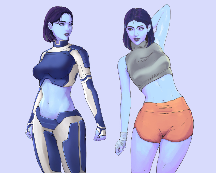 1girl adapted_costume alternate_costume arm_behind_head blue_eyes blue_hair blue_skin colored_skin commentary english_commentary fingerless_gloves gloves grey_shirt gym_shorts hair_behind_ear halo_(series) halo_infinite highres jafet_meza looking_to_the_side midriff navel orange_shorts pants purple_background purple_lips shirt shorts smile the_weapon_(halo_infinite) turtleneck turtleneck_shirt white_gloves white_pants white_shirt