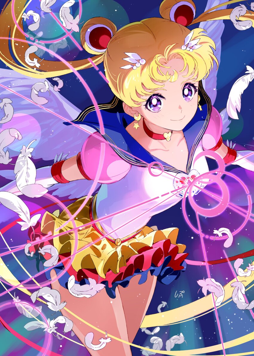 1girl absurdres bishoujo_senshi_sailor_moon blonde_hair blue_skirt choker crescent crescent_earrings crescent_facial_mark earrings facial_mark feathers floating_clothes floating_hair from_above gloves heart heart_choker highres jewelry looking_at_viewer magical_girl purple_eyes sailor_collar sailor_moon sailor_senshi_uniform shipu_(gassyumaron) skirt smile solo tsukino_usagi twintails white_feathers white_gloves wings