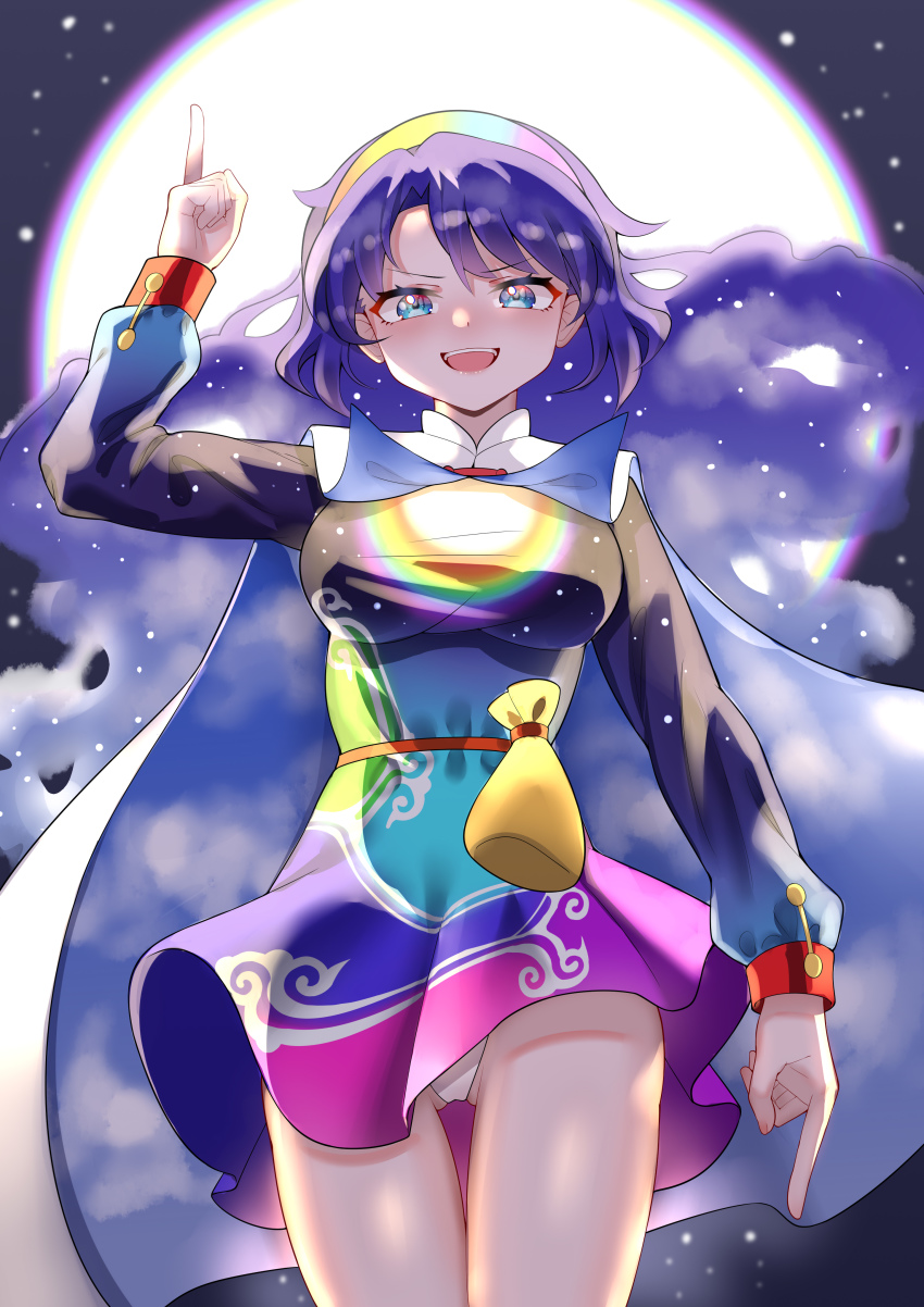 absurdres adapted_costume ailu_elf bag blue_eyes blue_hair cape dress hairband highres moon multicolored_clothes multicolored_dress multicolored_hairband night night_sky panties pantyshot pointing pointing_down pointing_up rainbow_gradient rainbow_print sky sky_print solo starry_sky_print tenkyuu_chimata touhou two-sided_cape two-sided_fabric underwear white_panties