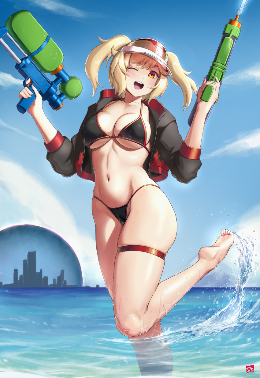 1girl alternate_costume bare_legs barefoot bikini black_bikini black_jacket blonde_hair blue_sky breasts burnice_white commentary_request feet finalcake highres holding holding_water_gun jacket large_breasts legs navel one_eye_closed open_mouth partially_submerged red_eyes short_hair sky soles solo standing standing_on_one_leg stomach swimsuit teeth toes twintails upper_teeth_only visor_cap water_gun zenless_zone_zero