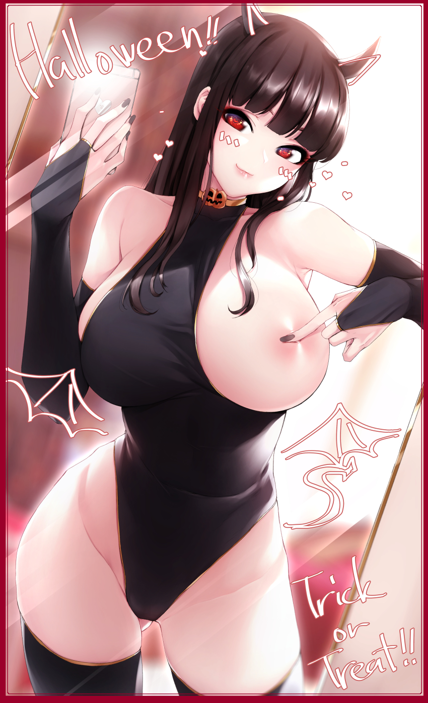 1girl absurdres akchu bare_shoulders black_legwear black_leotard black_nails blunt_bangs breasts bridal_gauntlets brown_hair camera_flash cellphone chobi_(akchu) contrapposto covering_nipples covering_privates drawn_wings face_filter gold_trim halloween heart heart-shaped_pupils highleg highleg_leotard highres hime_cut holding holding_phone horns large_breasts leotard long_hair looking_at_viewer mirror nail_polish one_breast_out original phone red_eyes reflection selfie smile solo symbol-shaped_pupils trick_or_treat