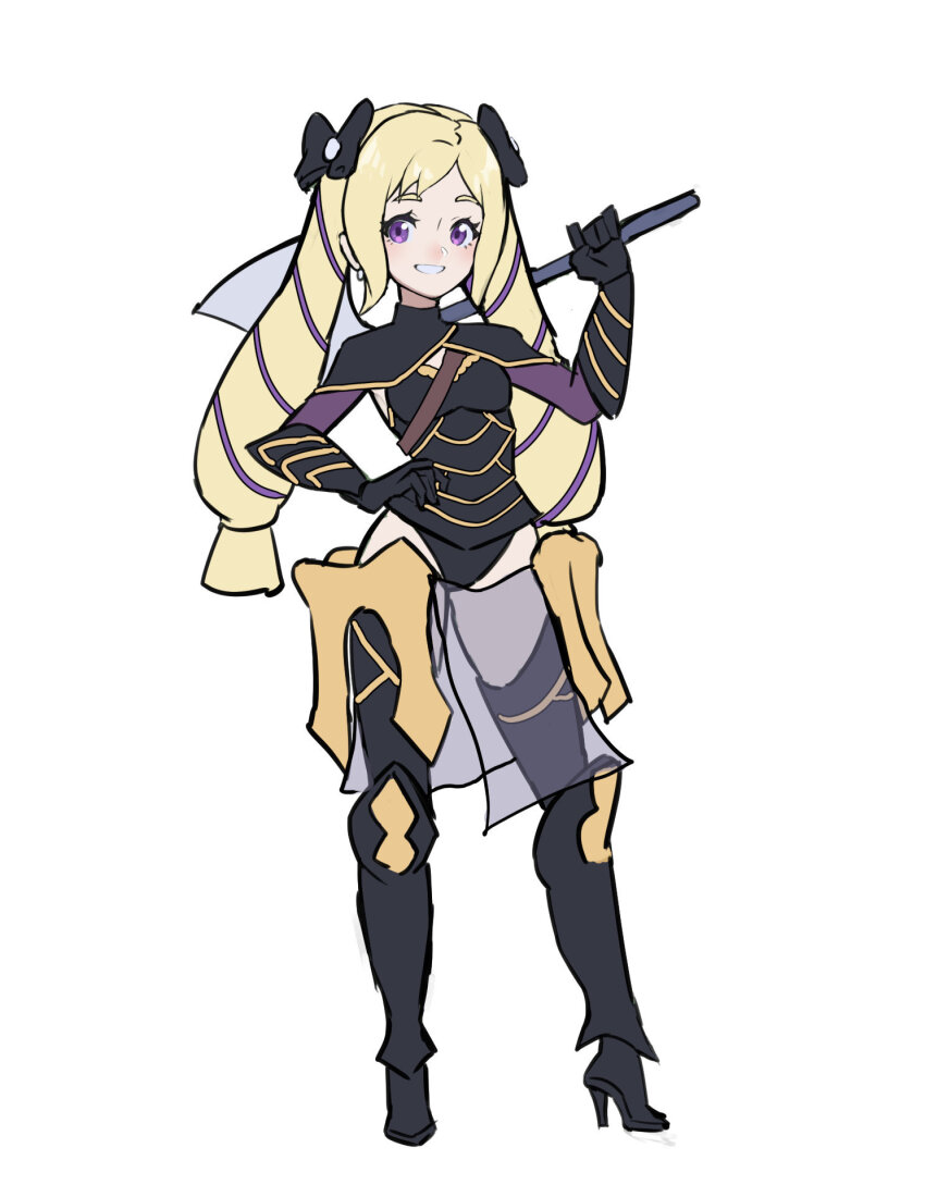 1girl alternate_costume armor axe black_armor black_panties blonde_hair camilla_(fire_emblem) camilla_(fire_emblem)_(cosplay) commission cosplay drill_hair elise_(fire_emblem) fire_emblem fire_emblem_fates grimmelsdathird highres holding holding_axe long_hair looking_at_viewer multicolored_hair nintendo panties purple_eyes purple_hair second-party_source smile streaked_hair twin_drills twintails underwear