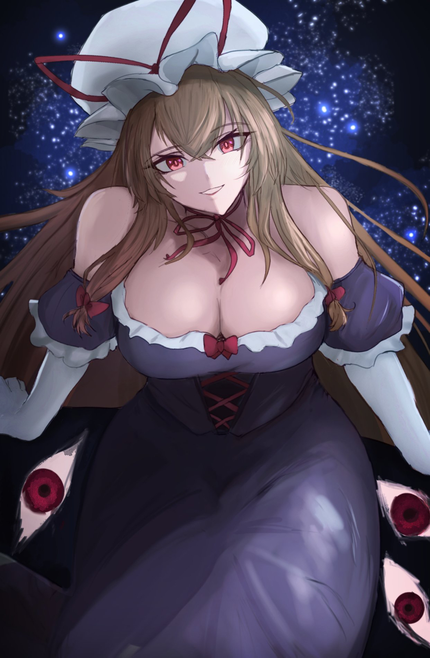 1girl bare_shoulders blonde_hair bow bowtie breasts cleavage dress dress_bow elbow_gloves frilled_dress frilled_sleeves frills gap_(touhou) gloves hair_bow hat highres large_breasts long_hair mob_cap purple_dress red_bow red_bowtie red_eyes short_sleeves sitting smile solo strapless strapless_dress touhou very_long_hair white_gloves white_hat yakumo_yukari yama_kabosu