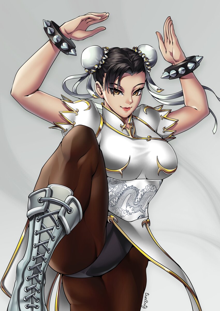 1girl absurdres bracelet breasts brown_eyes brown_hair bun_cover capcom china_dress chinese_clothes chun-li double_bun dress earrings fighting_stance gradient_background grey_background hair_bun highres jewelry large_breasts looking_at_viewer medium_hair pantyhose pelvic_curtain sash solo spiked_bracelet spikes street_fighter street_fighter_ii_(series) tre_artz white_dress