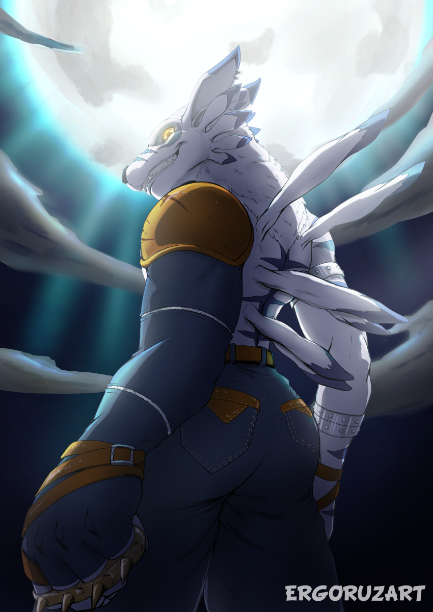 absurdres ass blue_pants digimon digimon_(creature) furry furry_male highres night pants solo weregarurumon yellow_eyes