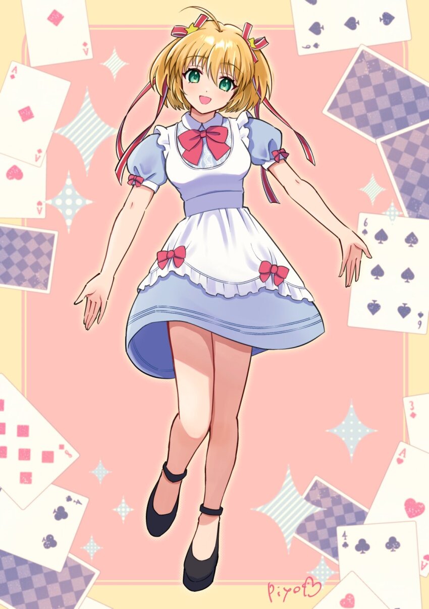 1girl :d ahoge alice_(alice_in_wonderland) alice_(alice_in_wonderland)_(cosplay) alice_in_wonderland apron black_footwear blonde_hair blue_shirt blue_skirt blush bow bow_skirt card commentary cosplay eyelashes floating_card frilled_apron frills full_body green_eyes hair_between_eyes hair_ribbon happy highres kamikita_komari little_busters! long_ribbon looking_at_viewer no_socks open_mouth outstretched_arms outstretched_hand pink_background piyo_(kinkooo333) puffy_short_sleeves puffy_sleeves red_bow red_ribbon ribbon shirt short_hair short_sleeves signature simple_background skirt sleeve_bow smile solo sparkle spiked_hair standing two_side_up white_apron