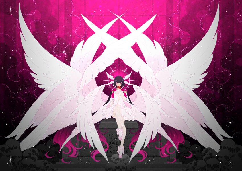 1girl altar apple black_hair columbina_(genshin_impact) dress ffluvy food fruit genshin_impact gradient_hair hair_ribbon hair_spread_out halo halo_behind_head head_wings highres holding holding_food holding_fruit large_wings long_hair looking_at_viewer low-tied_sidelocks multicolored_hair multiple_wings pantyhose pink_eyes pink_hair ribbon seraph sitting skull solo unusually_open_eyes very_long_hair white_dress white_pantyhose white_ribbon white_wings wings