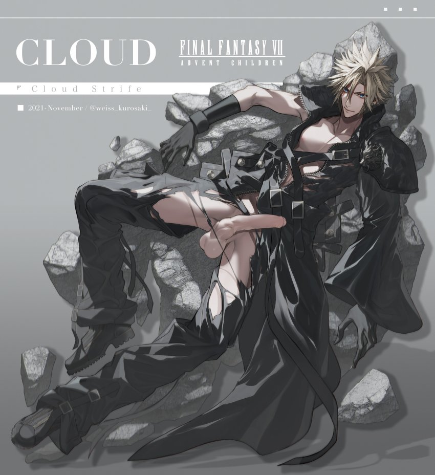 1boy absurdres blonde_hair blue_eyes boots cloud_strife erection final_fantasy final_fantasy_(series) final_fantasy_vii foreskin full_body highres lying male_focus penis solo square_enix tagme testicles torn_clothes weiss_(artist)