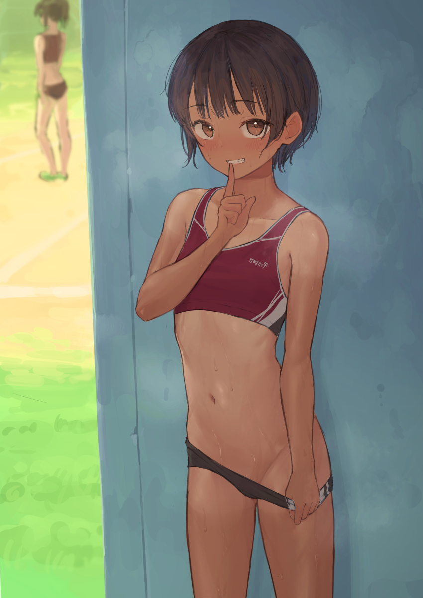 2girls absurdres brown_eyes brown_hair buruma buruma_pull clothes_pull crop_top finger_to_mouth grin highres itsuki_nofuji looking_at_viewer multiple_girls original short_hair shushing smile solo_focus sports_bikini sportswear tan tanline tomboy