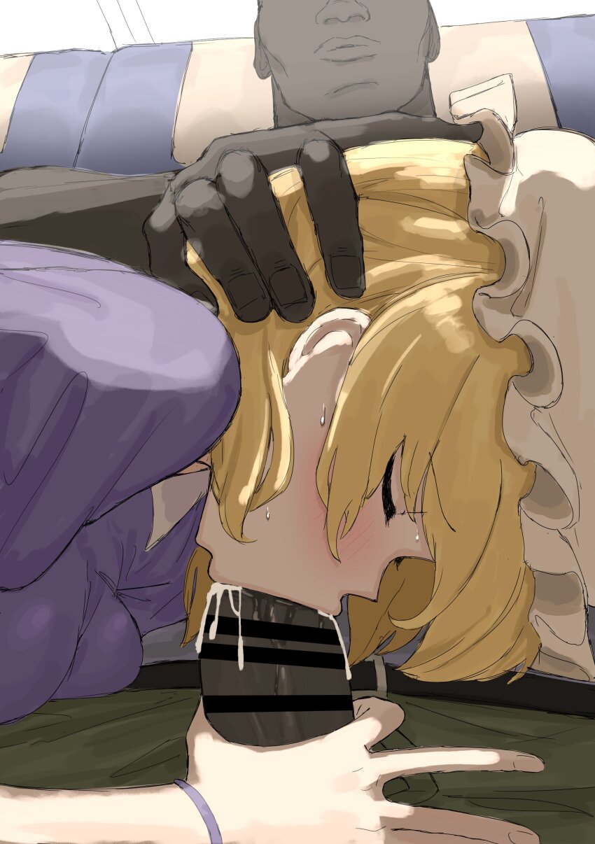 1boy 1girl belt blonde_hair blush closed_eyes cum cum_in_mouth dark-skinned_male dark_skin erection fellatio hand_on_another&#039;s_head hat hetero interracial kumiyabe large_penis maribel_hearn medium_hair mob_cap oral penis penis_grab ribbon sitting sweat touhou wrist_ribbon