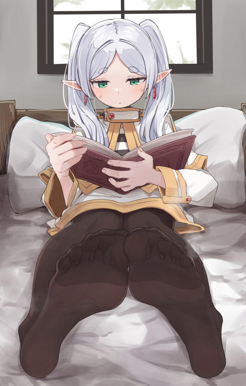 1girl absurdres bed_sheet black_pantyhose blush book capelet closed_mouth dress earrings elf eyelashes feet floating_earring foot_focus foreshortening frieren full_body gold_trim green_eyes grey_hair highres holding holding_book indoors jewelry kahlua_(artist) long_hair long_sleeves looking_down no_shoes on_bed pantyhose parted_bangs pillow pointy_ears see-through_clothes see-through_legwear short_eyebrows sitting smell soles solo sousou_no_frieren steaming_body sweatdrop thick_thighs thighs toes twintails white_capelet white_dress