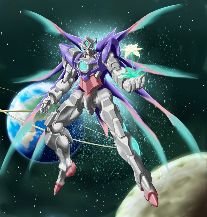 00_qan[t] 00s earth_(planet) els flower gundam gundam_00 gundam_00_a_wakening_of_the_trailblazer highres light mecha no_humans planet prometheus765 rabinidaddo robot space spoilers wings