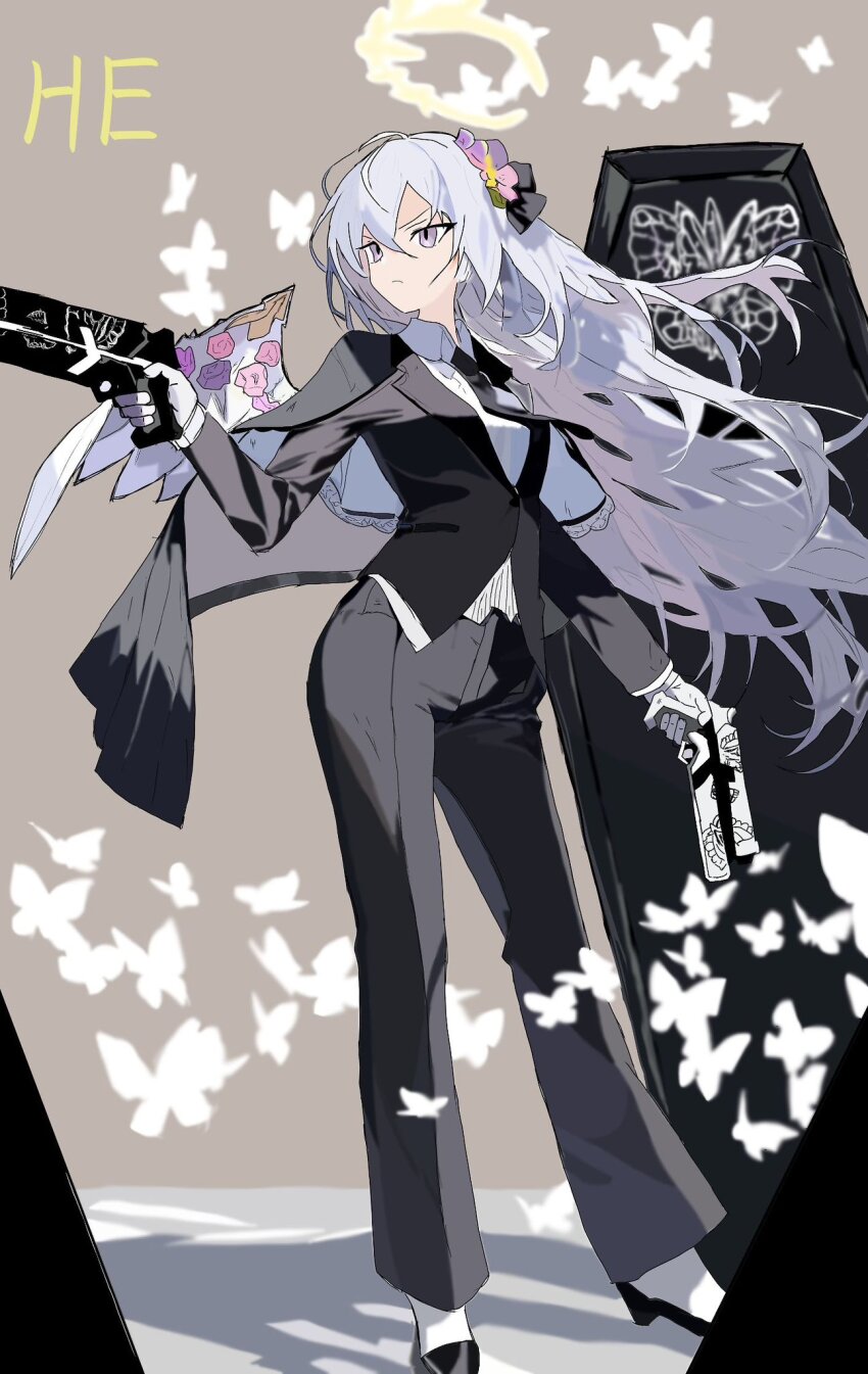 1girl 218_(niiya) azusa_(blue_archive) black_coat black_jacket black_necktie black_pants blue_archive bug butterfly coat coat_on_shoulders coffin collared_shirt e.g.o_(project_moon) flower full_body funeral_of_the_dead_butterflies hair_flower hair_ornament halo highres insect jacket lobotomy_corporation long_hair long_sleeves necktie pants project_moon shirt sidelocks solemn_lament_(e.g.o) solo very_long_hair white_butterfly white_hair white_shirt white_wings wings