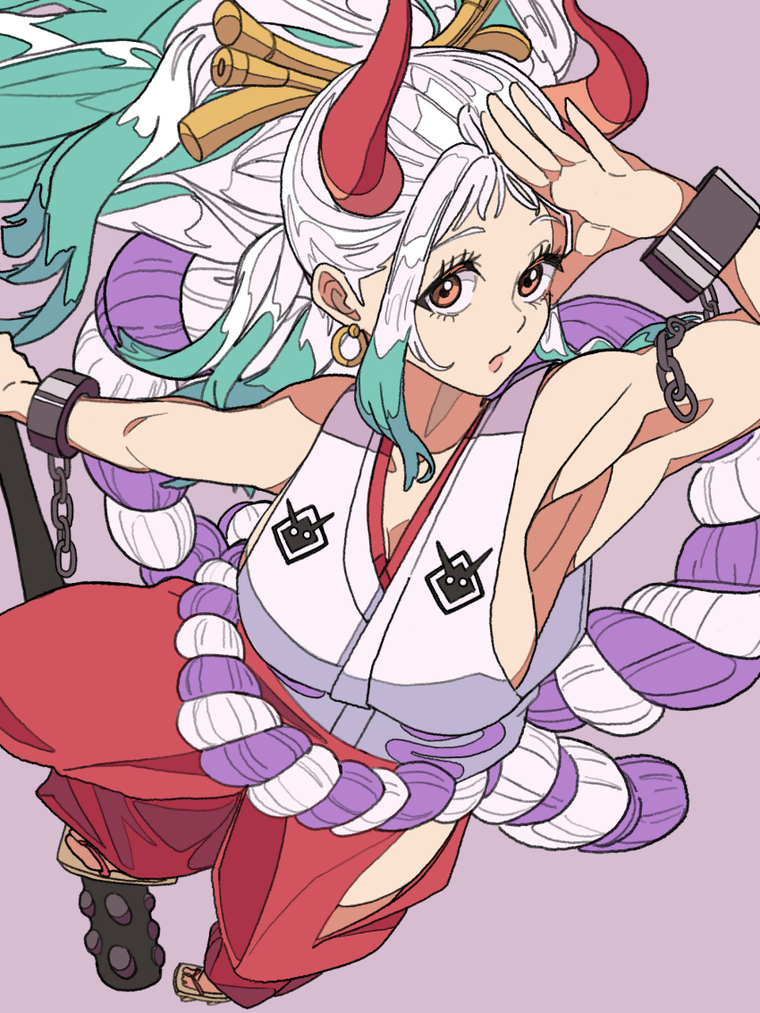 1girl aqua_hair breasts commentary cuffs earrings geta hair_ornament hakama handcuffs highres horns japanese_clothes jewelry kimono looking_at_viewer one_piece planted_club ponytail purple_background red_hakama red_horns rope shimenawa sideboob sidelocks simple_background sleeveless sleeveless_kimono solo tantan_0028 white_hair white_kimono yamato_(one_piece)