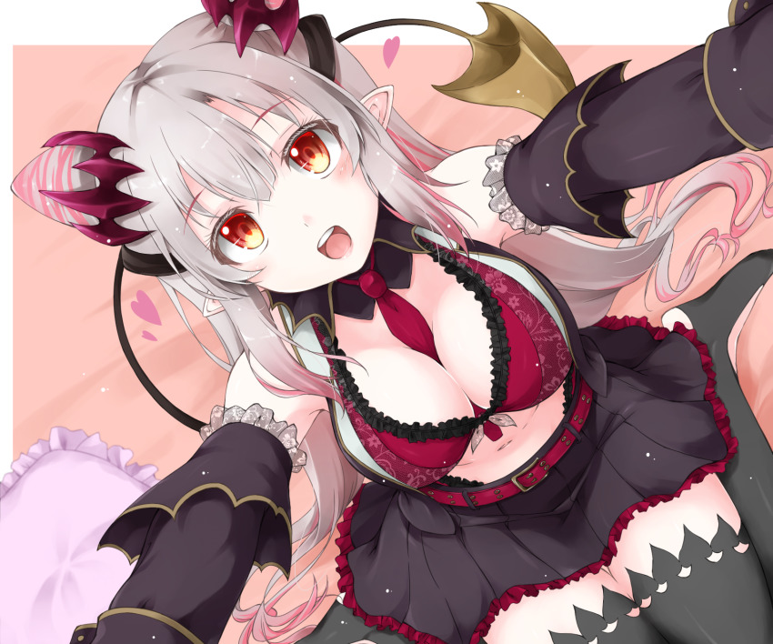 1girl nanashi_inc. :d bad_id bad_pixiv_id belt belt_buckle between_breasts black_skirt black_sleeves black_thighhighs breasts buckle cleavage cone_hair_bun detached_sleeves flower frilled_skirt frills fuyuno_taka hair_bun highres honey_strap long_sleeves looking_at_viewer midriff miniskirt multicolored_hair navel necktie necktie_between_breasts open_mouth pink_hair pleated_skirt pointy_ears red_belt red_eyes red_hair red_necktie rose silver_hair single_hair_bun sitting skirt smile solo suou_patra thighhighs virtual_youtuber wariza zettai_ryouiki