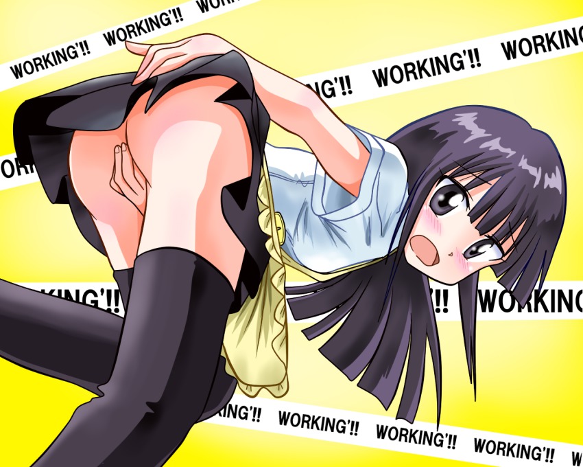 1girl ass black_hair blush covering_crotch covering_privates female_focus grey_eyes looking_back no_panties rokushaku_neko skirt solo thighhighs working!! yamada_aoi