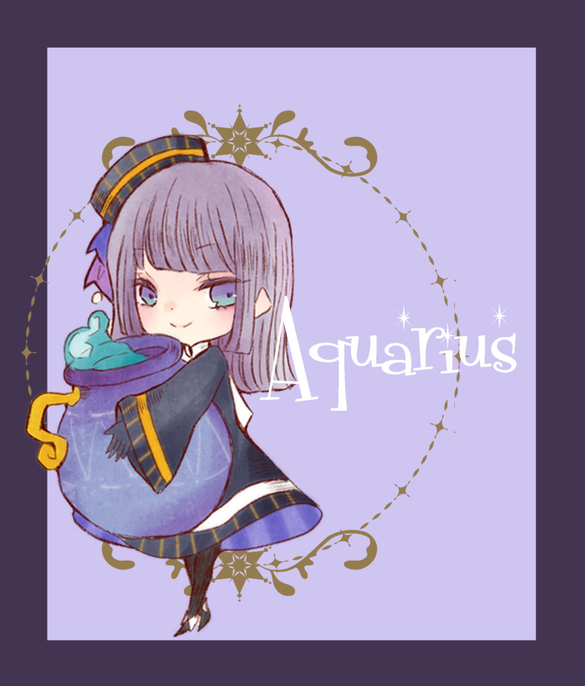 1girl aquarius_(zodiac) black_dress black_pantyhose border cerika dress eyelashes full_body highres holding_jug looking_at_viewer original pantyhose purple_background purple_border purple_hair smile solo split_mouth striped_clothes striped_headwear water wide_sleeves zodiac