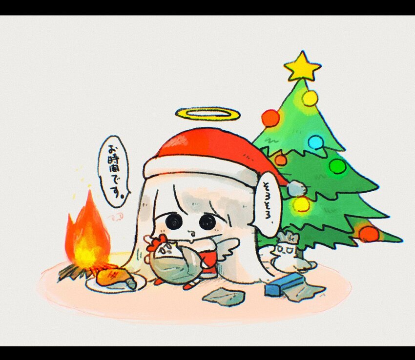 angel angel_wings animal bird campfire chibi chibi_only chicken chicken_(food) chicken_leg christmas christmas_tree coat commentary fire food halo hat holding holding_animal long_hair original pankichi_anko red_coat red_footwear red_hat santa_costume santa_hat sitting speech_bubble symbol-only_commentary traditional_halo very_long_hair white_hair wings