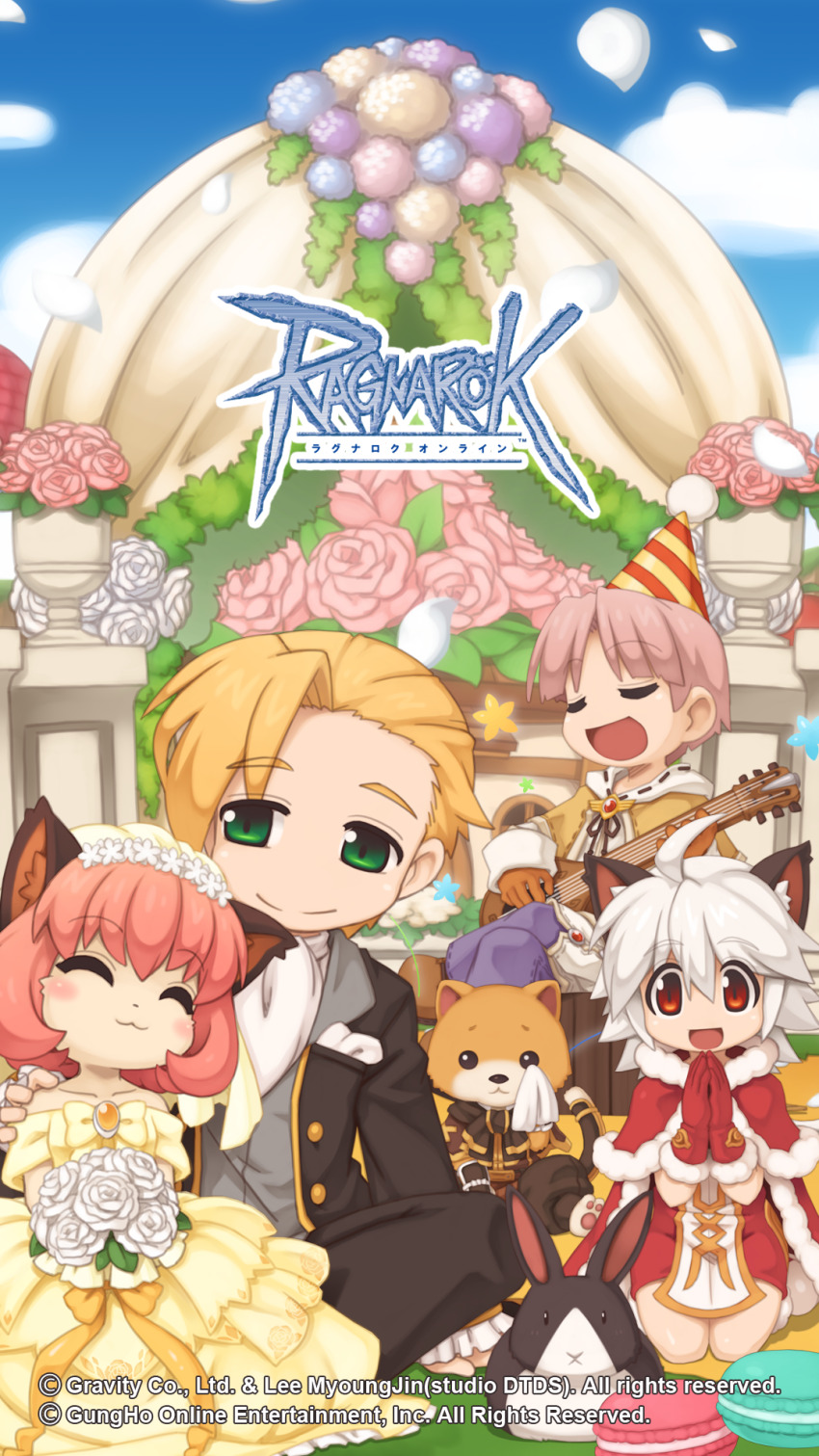 2girls 3boys :3 animal_ears asymmetrical_bangs bard_(ragnarok_online) blonde_hair blue_sky blush bow brown_capelet brown_gloves brown_pants cape capelet cat_boy cat_ears cat_girl cat_tail closed_eyes closed_mouth cloud copyright_notice dress flower food full_body fur-trimmed_cape fur-trimmed_gloves fur_trim furry furry_female furry_male furry_with_non-furry gloves green_eyes groom guitar hetero high_wizard_(ragnarok_online) highres holding holding_instrument house husband_and_wife instrument interspecies layered_dress logo looking_at_another looking_to_the_side macaron multiple_boys multiple_girls official_art official_wallpaper open_mouth orange_brooch pants petals pink_flower pink_hair pink_rose rabbit ragnarok_online red_cape red_dress red_eyes rose short_hair sky smile strapless strapless_dress summoner_(ragnarok_online) tail tail_armor tail_bow tail_ornament tears tree two-tone_dress wedding wedding_dress white_dress white_flower white_hair white_rose wiping_tears yarn yarn_ball yellow_bow yellow_dress yuichirou