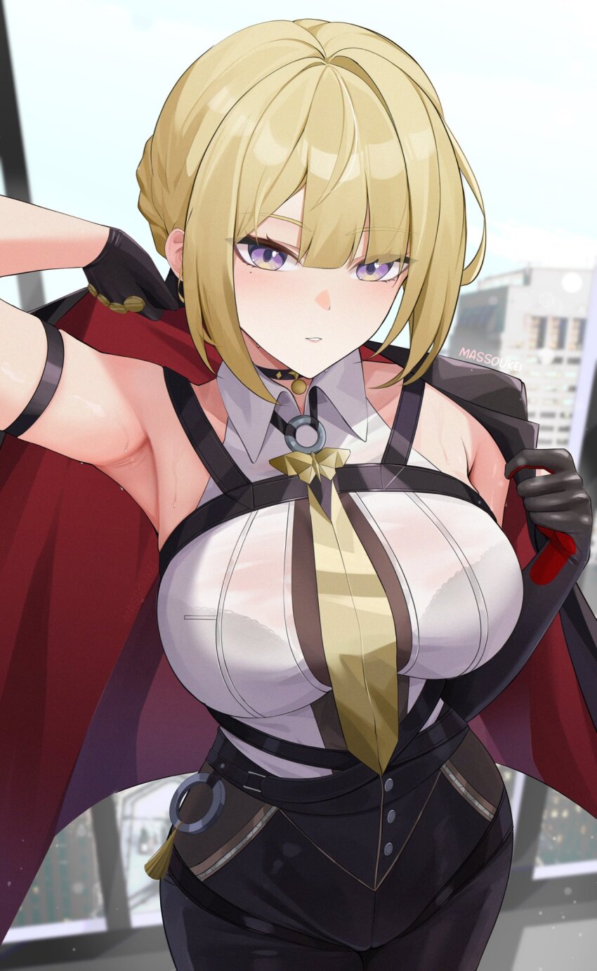 1girl armpit_crease armpits bare_shoulders black_choker black_gloves black_jacket black_pants blonde_hair blue_sky breasts choker collared_shirt commentary cowboy_shot day elbow_gloves evelyn_chevalier gloves high-waist_pants highres indoors jacket jacket_on_shoulders large_breasts looking_at_viewer massoukei necktie pants parted_lips shirt short_hair sidelocks signature single_elbow_glove sky solo sweat tight_clothes tight_pants white_shirt yellow_necktie zenless_zone_zero