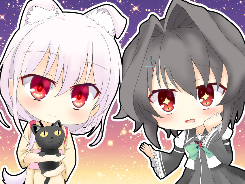 +_+ 2girls 9-nine- absurdres animal animal_ear_fluff animal_ears black_cat black_hair blush bow braid bright_pupils cat chibi chibi_only closed_mouth commentary_request crossover dog_ears dog_girl dog_tail eyes_visible_through_hair frilled_sleeves frills gradient_background green_bow hair_between_eyes hair_intakes hair_ornament hairclip hand_on_own_cheek hand_on_own_face highres holding holding_animal holding_cat juliet_sleeves kotoyose_fumino long_sleeves looking_at_animal looking_at_another multiple_girls nukigee_mitai_na_shima_ni_sunderu_watashi_wa_dou_surya_ii_desu_ka? open_mouth puffy_sleeves raised_eyebrows red_eyes school_uniform short_hair simple_background single_braid smile split_mouth tail upper_body wavy_mouth yuku0307 yuuki_noa